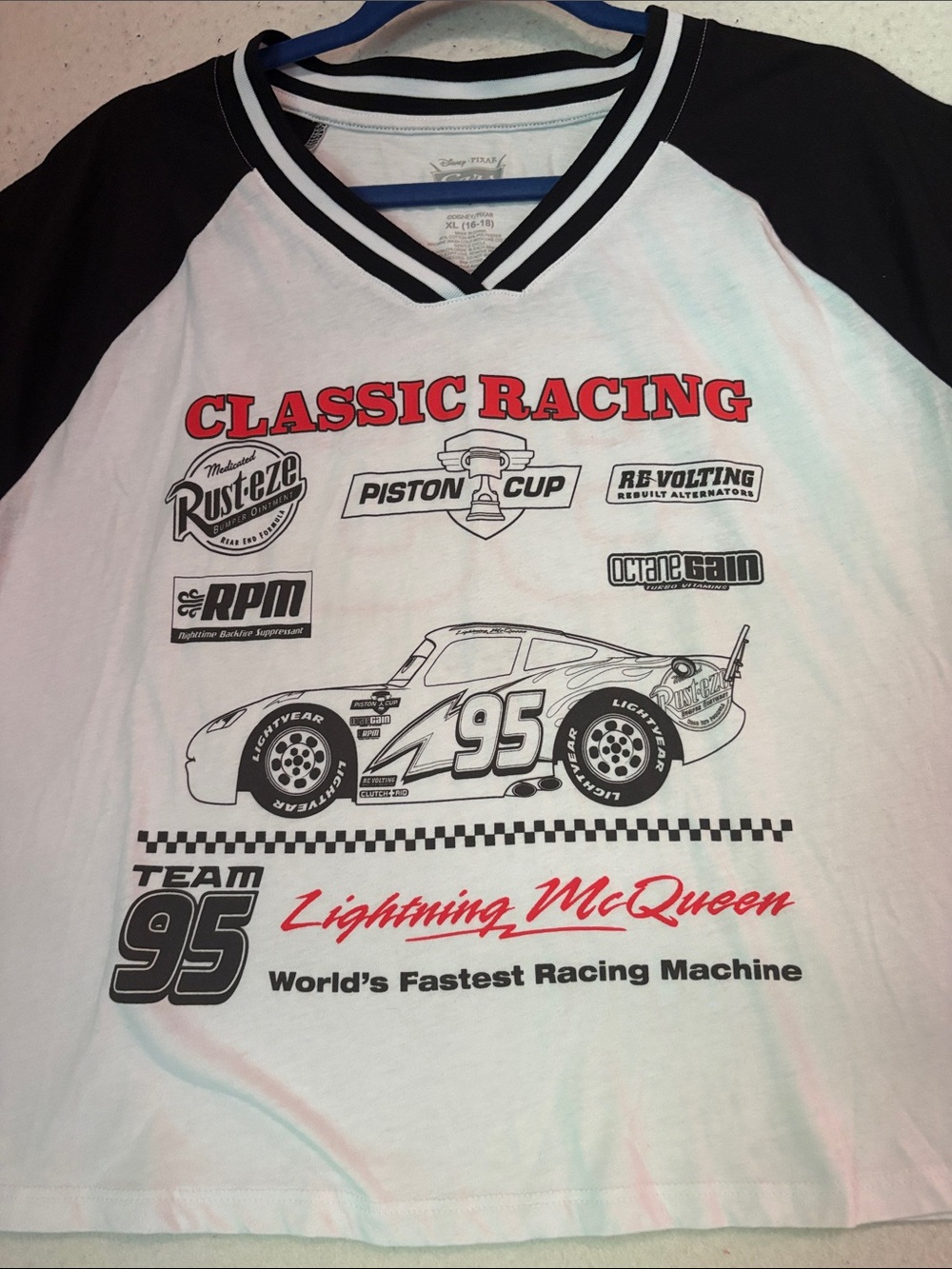 Disney Pixar Cars Lightning McQueen 95 Racing Raglan Tee XL Y2K NASCAR